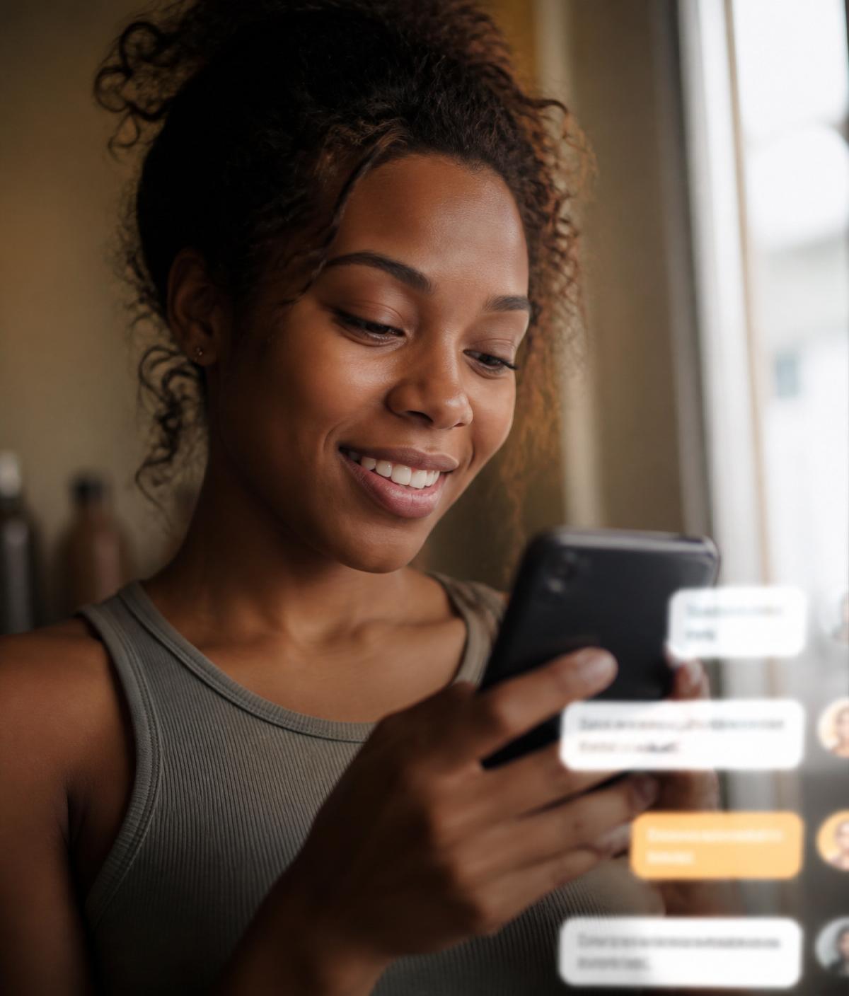 Atendente da BWA sorrindo enquanto conversa com cliente pelo smartphone